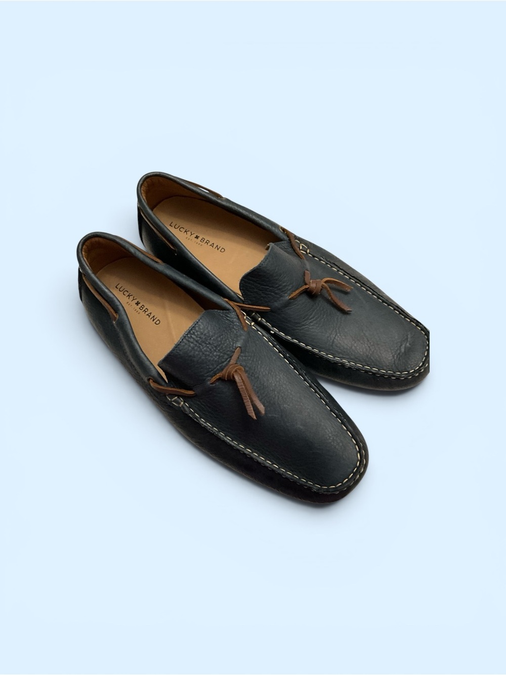 Lucky Brand Leather Moccasin Slip-On Navy Loafers with Brown Laces